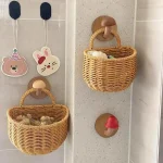 Panier de rangement de cuisine avec poignée, joli panier tissé mural suspendu Kawaii, panier de rangement suspendu, organisateur d&rsquo;articles divers de cuisine