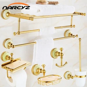 Porte-serviettes de bain en laiton de style européen, ensemble de pendentifs de salle de bains, étagères de salle de bains, matériel porte-serviettes en or Jade 9286K Porte-serviettes de bain en laiton de style européen, ensemble de pendentifs de salle de bains, étagères de salle de bains, matériel porte-serviettes en or Jade 9286K