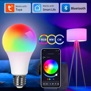 Ampoule intelligente Bluetooth E27 AC85-265V 15W, contrôle par application Tuya Smart Life RGBCW, fonction de synchronisation colorée, synchronisation musicale à intensité variable, décoration de la maison