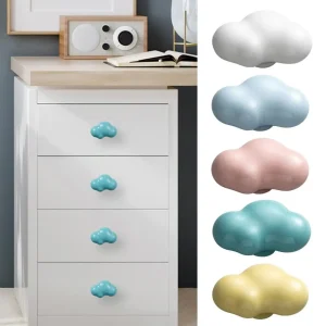 bouton armoire poignée tiroir céramique nuage mat pastel blanc bleu rose turquoise jaune laqué résistant rayures décoloration