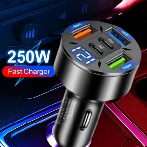 chargeur voiture 250W multiports USBA USBC PD QC3 affichage numérique LED compact noir métal plastique intelligent multifonctionnel chargeur voiture 250W multiports USBA USBC PD QC3 affichage numérique LED compact noir métal plastique intelligent multifonctionnel