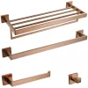 ensemble mural quatre pièces salle bain rose doré brossé métal inoxydable moderne minimaliste angles carrés fixation invisible porte serviettes