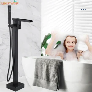 Robinet de baignoire à cascade doré, robinet de baignoire à poser sur le sol, robinet mitigeur de bain chaud et froid avec douchette