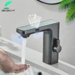 Robinet de lavabo à capteur intelligent gris pistolet, écran d&rsquo;affichage numérique, mitigeur d&rsquo;eau chaude et froide, robinet de vanité sans contact pour lavabo de salle de bains