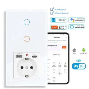 Interrupteur tactile wifi double voie prise schuko encastrable usb typec verre trempé rétroéclairé bleu orange commande vocale compatible 24ghz Interrupteur tactile wifi double voie prise schuko encastrable usb typec verre trempé rétroéclairé bleu orange commande vocale compatible 24ghz