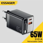 Chargeur GaN Essager 65W avec câble rétractable PD charge rapide pour ordinateur portable Macbook iPhone 17 16 15 chargeur de téléphone Xiaomi type-c