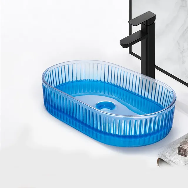 Lavabo posé ovale translucide bleu acrylique strié… – vue 4