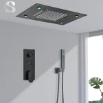 Ensemble de douche pluie LED avec télécommande intelligente pour plafond intégré, ensemble de douche noir, cascade à haut débit, robinet dissimulé