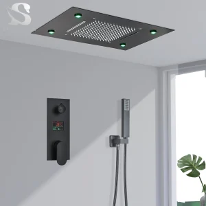 Ensemble de douche pluie LED avec télécommande intelligente pour plafond intégré, ensemble de douche noir, cascade à haut débit, robinet dissimulé Ensemble de douche pluie LED avec télécommande intelligente pour plafond intégré, ensemble de douche noir, cascade à haut débit, robinet dissimulé