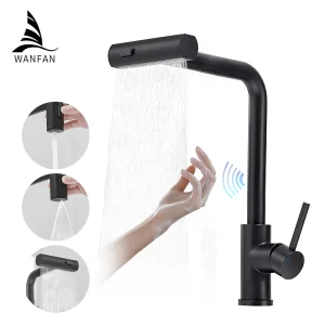 Robinet de cuisine Touch Sense, 3 modes, grue cascade noire, capteur en Nickel brossé, mélangeur chaud et froid extractible, robinet d’eau d’évier gris 1668 Robinet de cuisine Touch Sense, 3 modes, grue cascade noire, capteur en Nickel brossé, mélangeur chaud et froid extractible, robinet d’eau d’évier gris 1668