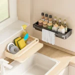 Organisateur d&rsquo;évier de cuisine, égouttoir avec porte-éponge, rangement de torchon, étagère auto-drainante, robinet porte-savon, accessoires de cuisine