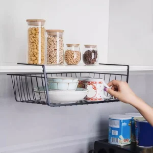 Panier de rangement mural pour garde-robe, accessoires de cuisine, étagère suspendue sous armoire et Table, panier organisateur de chevet en métal blanc/noir