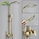 Ensemble de robinets de douche dorés, robinet de baignoire à 3/4 voies avec étagère de salle de bains, réglage de la hauteur, grue mélangeur en laiton, systèmes d&rsquo;eau chaude et froide