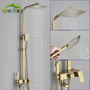 Ensemble de robinets de douche dorés, robinet de baignoire à 3/4 voies avec étagère de salle de bains, réglage de la hauteur, grue mélangeur en laiton, systèmes d’eau chaude et froide Ensemble de robinets de douche dorés, robinet de baignoire à 3/4 voies avec étagère de salle de bains, réglage de la hauteur, grue mélangeur en laiton, systèmes d’eau chaude et froide