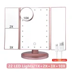 22 LED Light miroir de maquillage 2/3X grossissant 3 miroirs cosmétiques pliants contrôle d’écran tactile Dressing bureau beauté miroir de vanité
