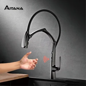 AITANA – robinet de cuisine à affichage LED en laiton de luxe gris pistolet, capteur sans contact, mélangeur SinK à économie d&rsquo;eau à pulvérisation extractible à 3 fonctions