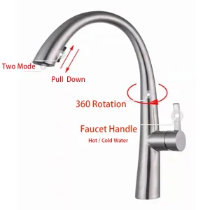 Robinet d’évier de cuisine en acier inoxydable 304, matériau du corps, mélangeur rotatif à 360 degrés, eau froide et chaude, tuyaux extractibles, deux modes d’eau Robinet d’évier de cuisine en acier inoxydable 304, matériau du corps, mélangeur rotatif à 360 degrés, eau froide et chaude, tuyaux extractibles, deux modes d’eau