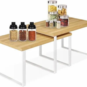 Organisateur d&rsquo;armoire de cuisine, étagère à épices en bambou, ensemble de 2 organisateurs de comptoir peu encombrants pour placard de cuisine et de bureau empilable