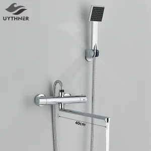 Ensemble de douche thermostatique, noir/laiton chromé, mural, salle de bains, douche, Thermostat, mitigeur, poignée de pulvérisation, accessoires de salle de bains Ensemble de douche thermostatique, noir/laiton chromé, mural, salle de bains, douche, Thermostat, mitigeur, poignée de pulvérisation, accessoires de salle de bains