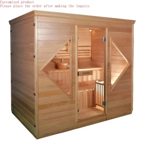 sauna vapeur domestique extérieur panneau commande sans fil bois massif pruche cèdre rouge moderne compact rectangulaire porte vitrée banquettes niveaux