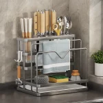 Étagère de rangement de cuisine multifonction, porte-couteau de cuisine, rangement d&rsquo;évier, acier inoxydable T1, porte-éponge Regina, porte-serviettes T1