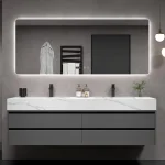 Armoire de salle de bain grise, dalle de roche, évier en céramique intégré, combinaison de miroirs, tiroir de lavage, meuble de rangement à Double lavabo