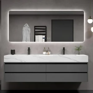 Armoire de salle de bain grise, dalle de roche, évier en céramique intégré, combinaison de miroirs, tiroir de lavage, meuble de rangement à Double lavabo