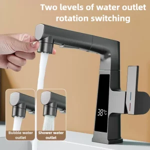 Robinet de traction à affichage numérique, capteur de température Intelligent, robinets de lavabo en laiton, robinet mitigeur d&rsquo;eau froide et chaude à levage rotatif
