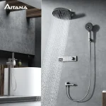 Système de douche à affichage numérique LED en laiton gris pistolet de luxe avec design mural, robinet de salle de bain simple pour eau chaude et froide