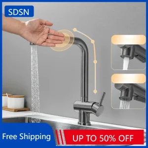 Robinet de cuisine tactile gris mains libres, cascade chaude et froide en acier inoxydable, mitigeur d&rsquo;évier de cuisine, robinets de cuisine extractibles