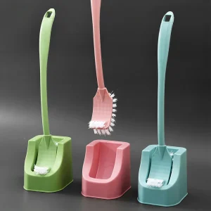 Brosse toilettes doubleface tête bidirectionnelle incurvée manche long poils denses socle drainant suspension compacte pastel support vertical hygiénique nettoyage profond