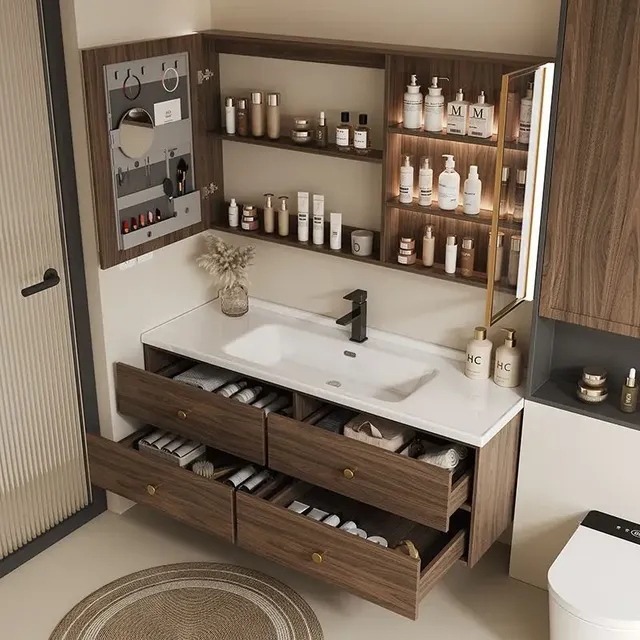 Meuble vasque mural moderne noyer massif planvasque… – vue 2