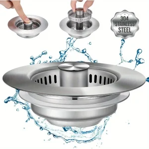 Crépine d’évier de cuisine 3 en 1 en acier inoxydable, bouchon Pop-Up avec panier Anti-colmatage et filtre anti-odeurs, vidange facile à nettoyer Crépine d’évier de cuisine 3 en 1 en acier inoxydable, bouchon Pop-Up avec panier Anti-colmatage et filtre anti-odeurs, vidange facile à nettoyer