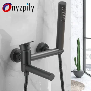 Robinet de baignoire-douche noir mat, bec de baignoire pivotant, mélangeur de bain mural, robinet de baignoire cascade avec grue de pomme de douche à main Robinet de baignoire-douche noir mat, bec de baignoire pivotant, mélangeur de bain mural, robinet de baignoire cascade avec grue de pomme de douche à main