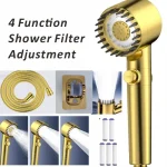 Pommeau de douche doré avec filtre haute pression, 3 Modes de pulvérisation réglables avec brosse de Massage, robinet de pluie, ensemble de douche, accessoire de salle de bains