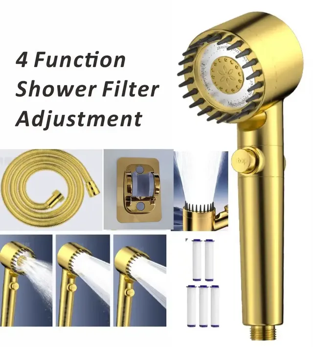 Pommeau de douche doré avec filtre haute pression