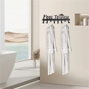 N84R porte-serviettes de piscine avec 8 crochets, porte-serviettes mural pour l&rsquo;extérieur ou la salle de bain, porte-serviettes pour accrocher des peignoirs