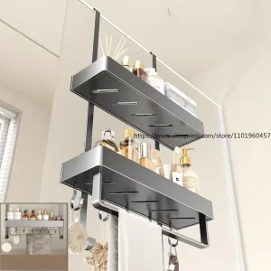 étagère douche suspendue deux niveaux organisateur salle bain minimaliste alliage aluminium gris mat plateaux drainants fentes antigouttes barre porte serviette
