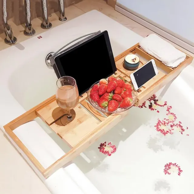 Plateau baignoire bambou extensible réglable porte verre… – vue 5