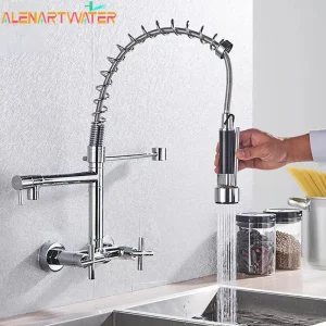Robinet de cuisine mélangeur mural domestique, robinet d’évier pivotant, double bec pivotant, robinets extractibles à ressort Robinet de cuisine mélangeur mural domestique, robinet d’évier pivotant, double bec pivotant, robinets extractibles à ressort