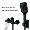 Pratique Noir Cascade Baignoire Robinet En Laiton Mur Monté Salle De Bains Douche Robinet Chaud Froid Réglage Complet Système De Douche Ensemble Avec 3 Modes Pluie Sans Poinçon Douche À Main