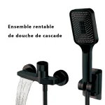 Pratique Noir Cascade Baignoire Robinet En Laiton Mur Monté Salle De Bains Douche Robinet Chaud Froid Réglage Complet Système De Douche Ensemble Avec 3 Modes Pluie Sans Poinçon Douche À Main