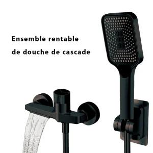 Pratique Noir Cascade Baignoire Robinet En Laiton Mur Monté Salle De Bains Douche Robinet Chaud Froid Réglage Complet Système De Douche Ensemble Avec 3 Modes Pluie Sans Poinçon Douche À Main