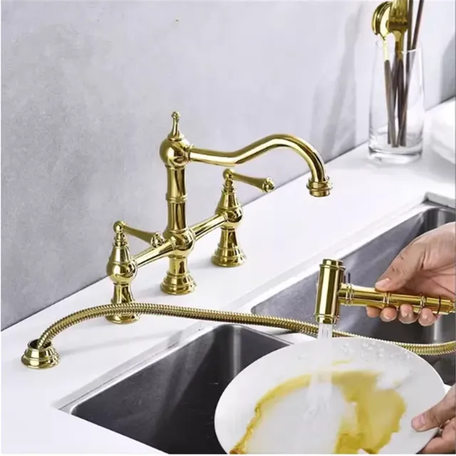 Tuqiu-Robinet de cuisine en or brossé avec douchette à… – vue 3