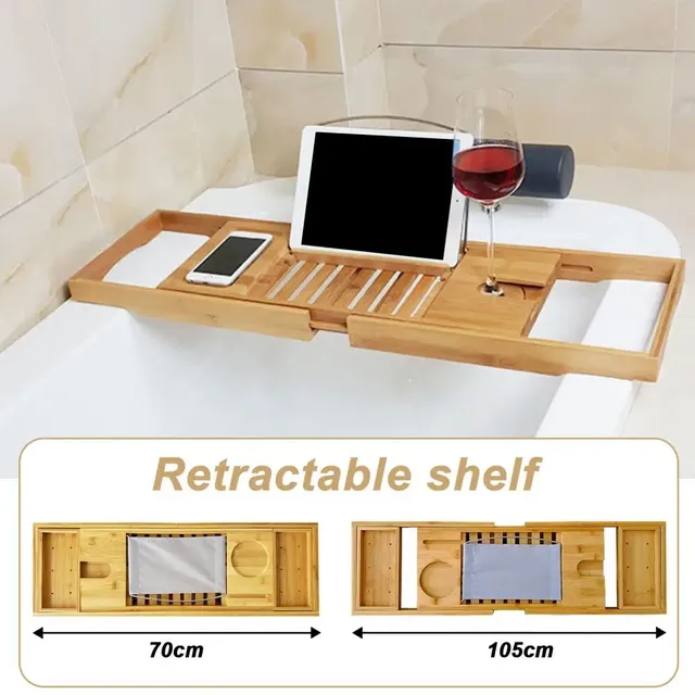 Plateau baignoire bambou extensible réglable porte verre… – vue 2