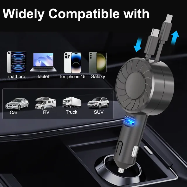 Chargeur voiture rétractable rapide noir trois… – vue 6