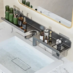 Miroir mural moderne, étagère de salle de bains avant, robinet de lavabo, produits de soins de la peau, sans poinçon, plateau de toilette de salle de bains Miroir mural moderne, étagère de salle de bains avant, robinet de lavabo, produits de soins de la peau, sans poinçon, plateau de toilette de salle de bains