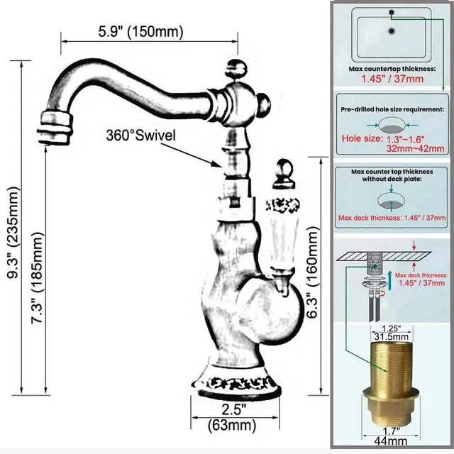 Robinet lavabo rétro victorien bec haut poignée… – vue 3