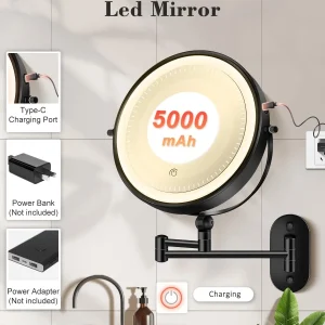 Miroir de maquillage éclairé mural, 9 pouces, hauteur réglable, Double face, Rechargeable, tactile, bras étendu, Rotation à 360 degrés