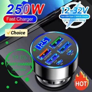 Chargeur de voiture PD 250W QC3.0, Charge rapide 6 en 1, prise allume-cigare, 6 ports, Charge Flash avec affichage numérique Chargeur de voiture PD 250W QC3.0, Charge rapide 6 en 1, prise allume-cigare, 6 ports, Charge Flash avec affichage numérique 